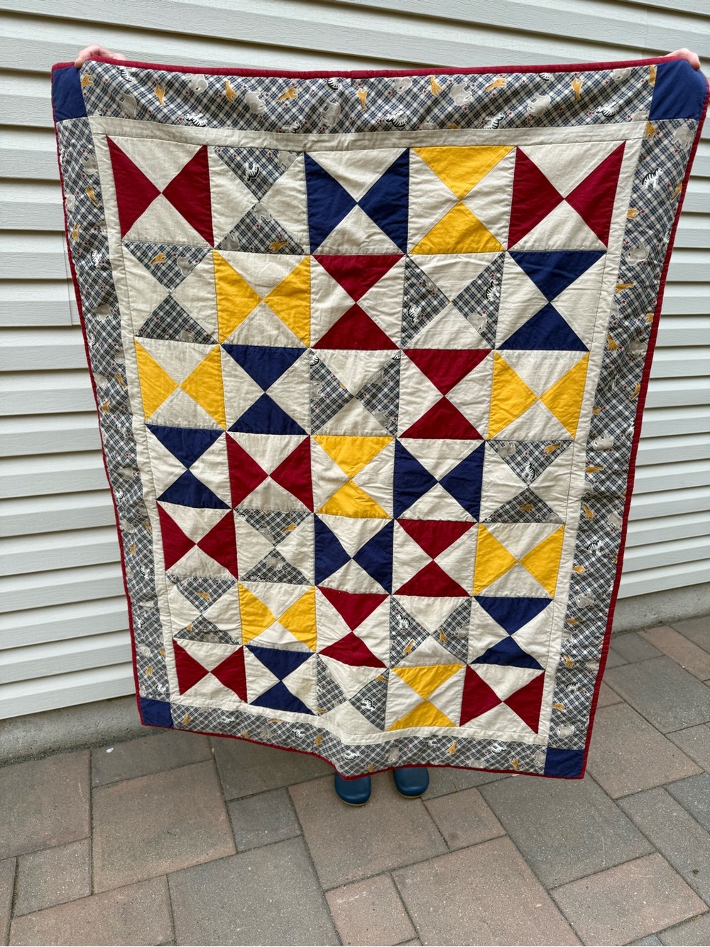 Handmade Patchwork Baby Quilt Throw in Red, Yellow & Blue - Picture 1 of 7